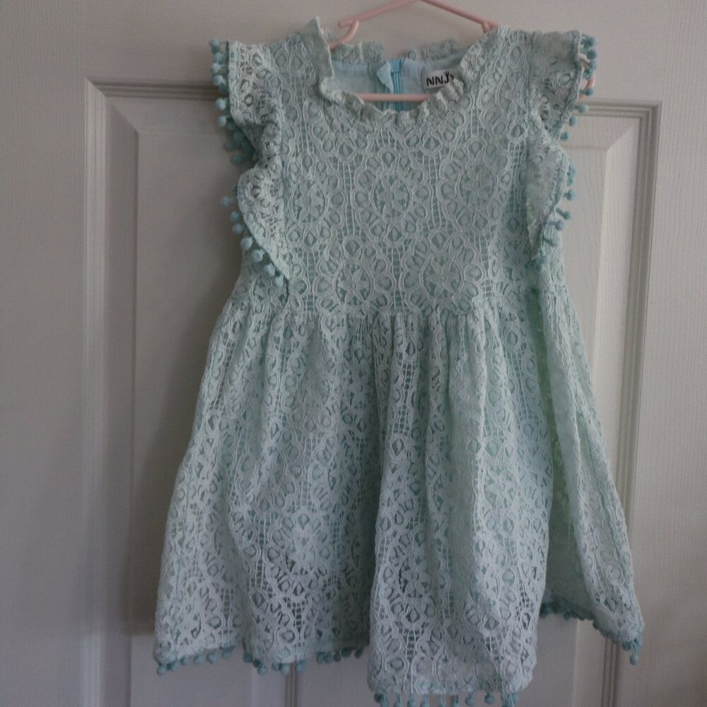 Mint Green Lace dress with pom pom edging and ruffle sleeves 3T/4T